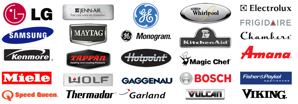 A collection of appliance brand logos including: LG, Jenn-Air, GE, Whirlpool, Electrolux, Frigidaire, Samsung, Maytag, GE Monogram, KitchenAid, Chambers, Kenmore, Tappan, Hotpoint, Magic Chef, Amana, Miele, Wolf, Gaggenau, Bosch, Fisher & Paykel, Speed Queen, Thermador, Garland, Vulcan, and Viking.